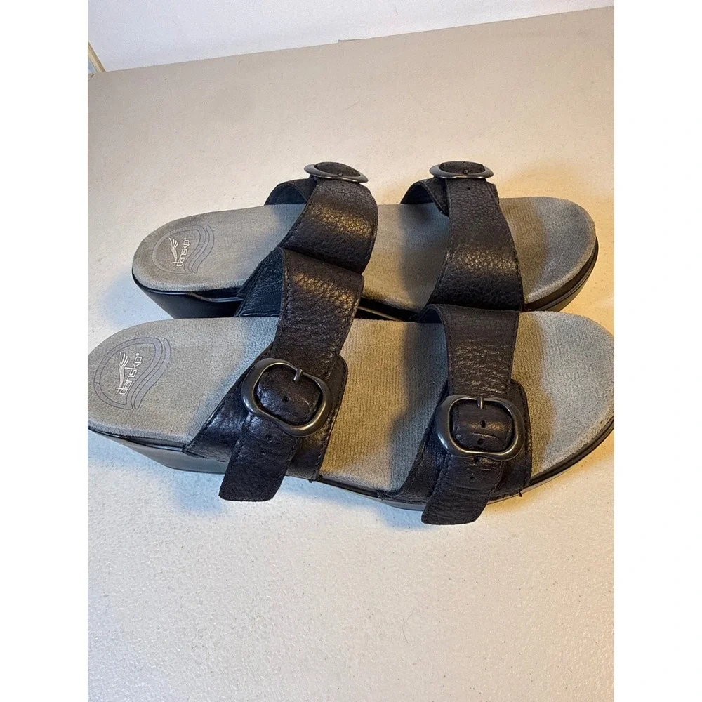 Dansko Womens Black Pebbled Leather Double Strap Buckle Platform Wedge Sandals